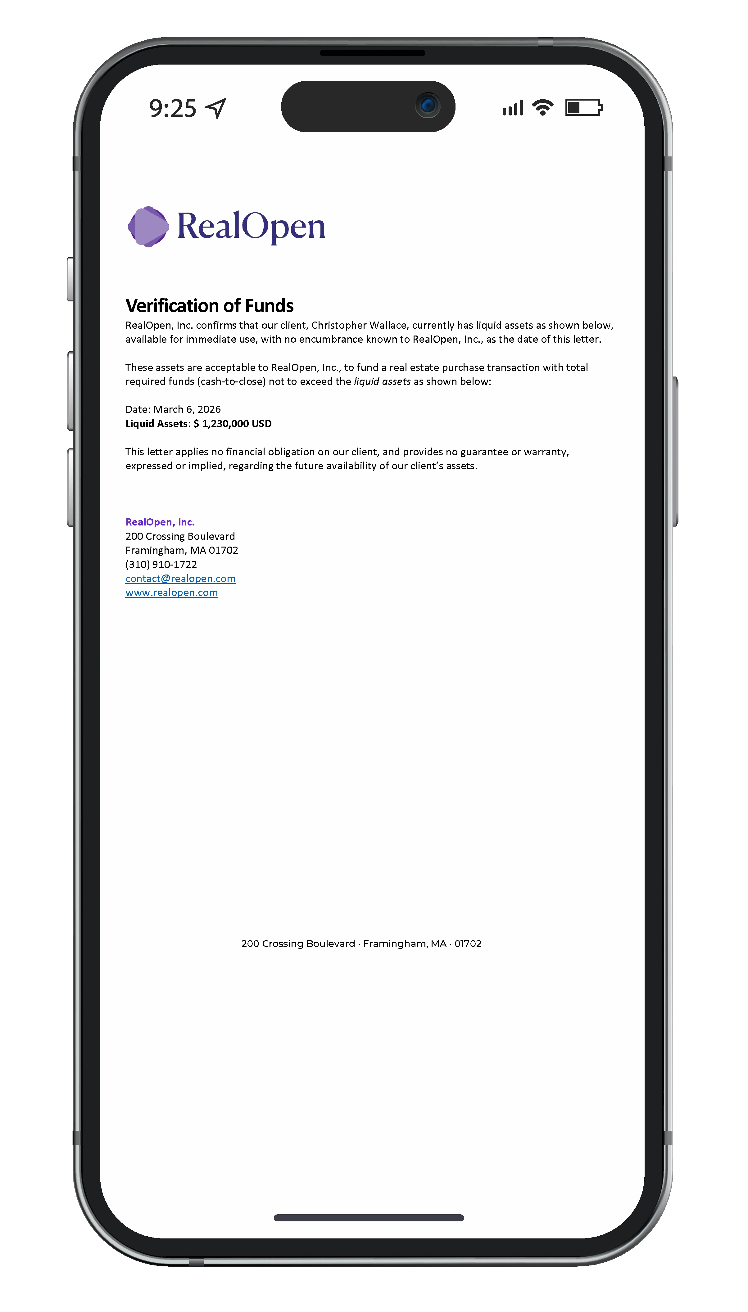 Example RealOpen proof of funds letter verifying crypto-backed assets for a real estate purchase