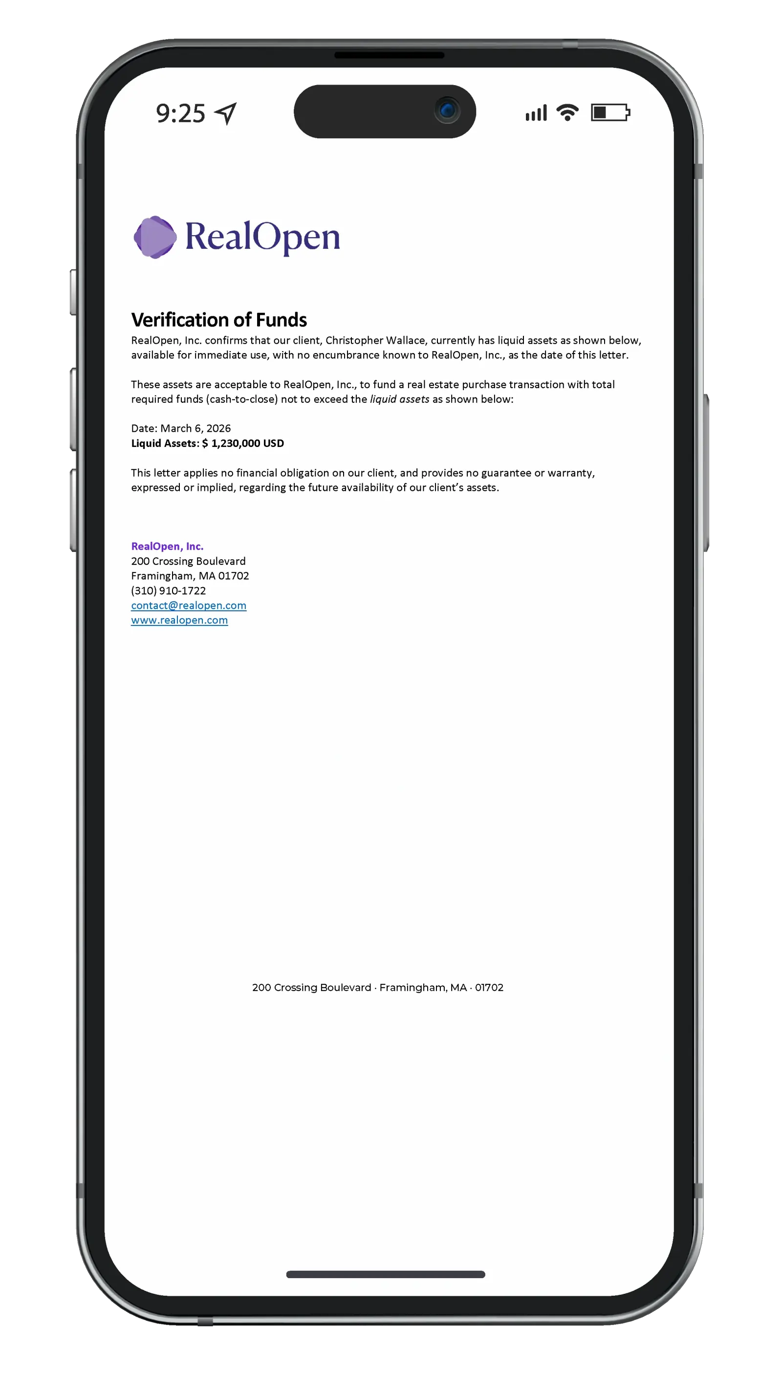 Ejemplo de carta de prueba de fondos de RealOpen que verifica activos cripto para una compra inmobiliaria