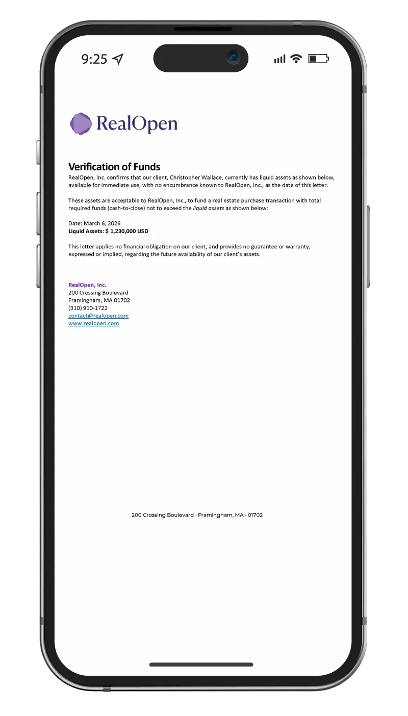 An example of a RealOpen Proof of Funds letter, showing the crypto owner has sufficient liquid assets for the real estate purchase