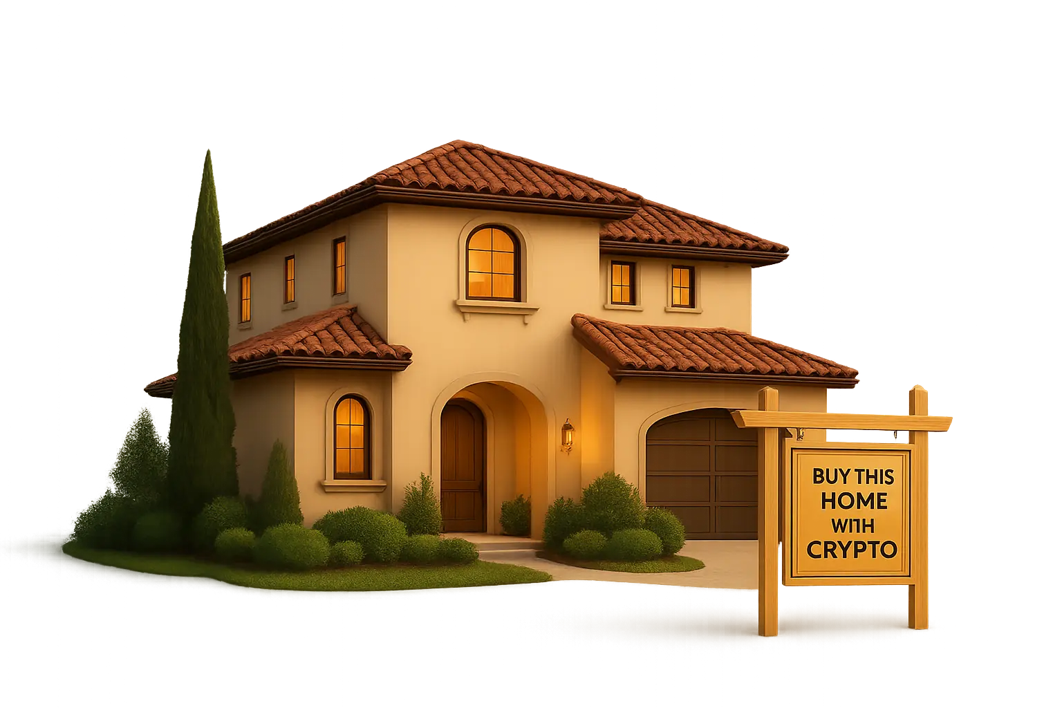 A modern, resort-style luxury home with a bitcoin stopwatch in front