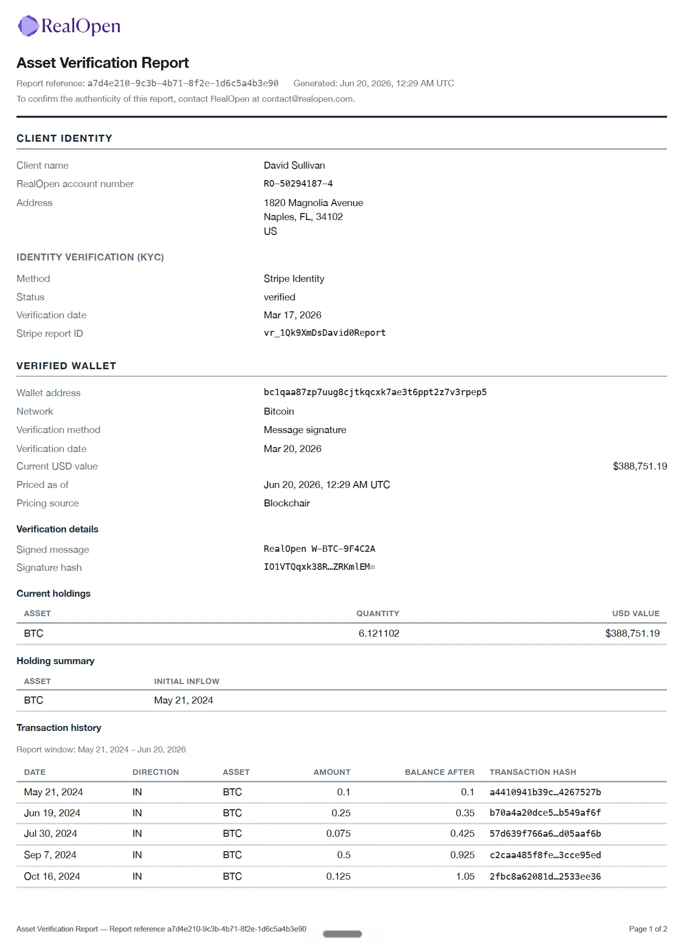 Example RealScore Report showing verified crypto holdings for mortgage qualification