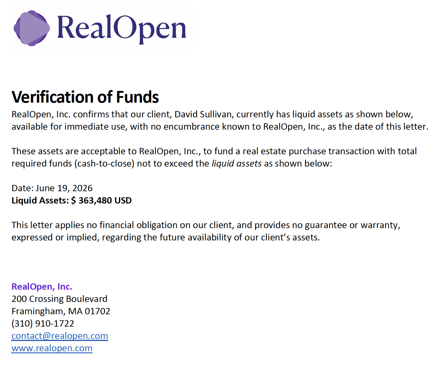 Example crypto proof of funds letter for a real estate offer