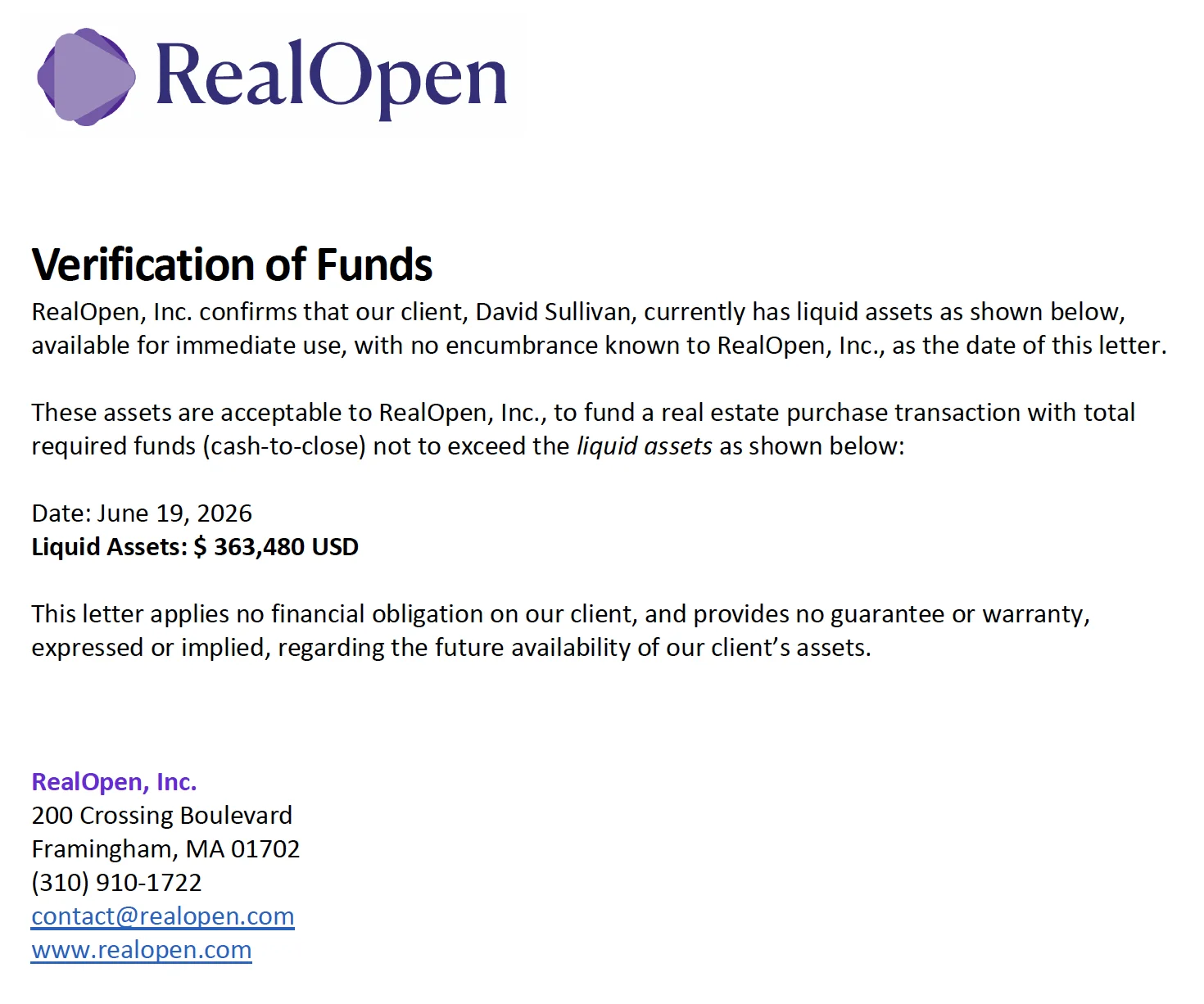 Example crypto proof of funds letter for a real estate offer
