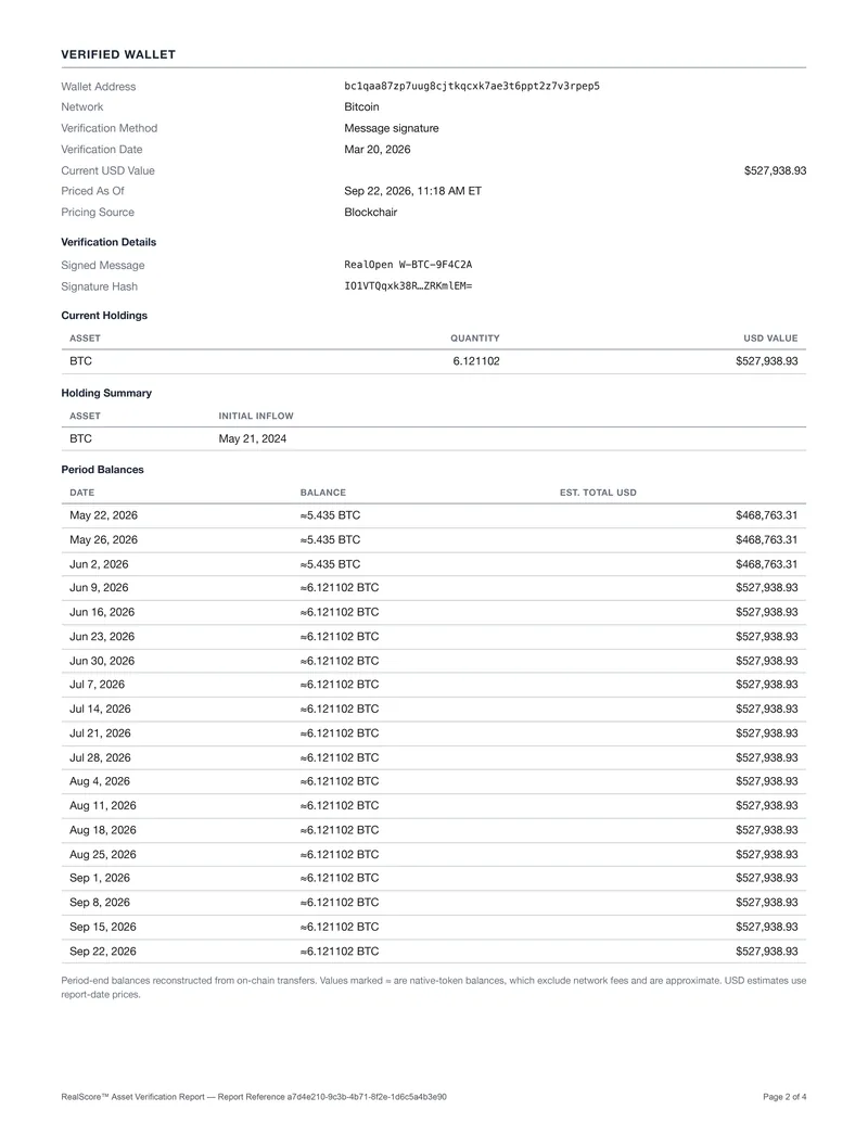 Verified Wallet page of a sample RealScore Report: wallet address, network, verification method and date, current USD value with pricing source, the signed message and signature hash, current holdings, initial inflow date, and weekly period balances across the report window